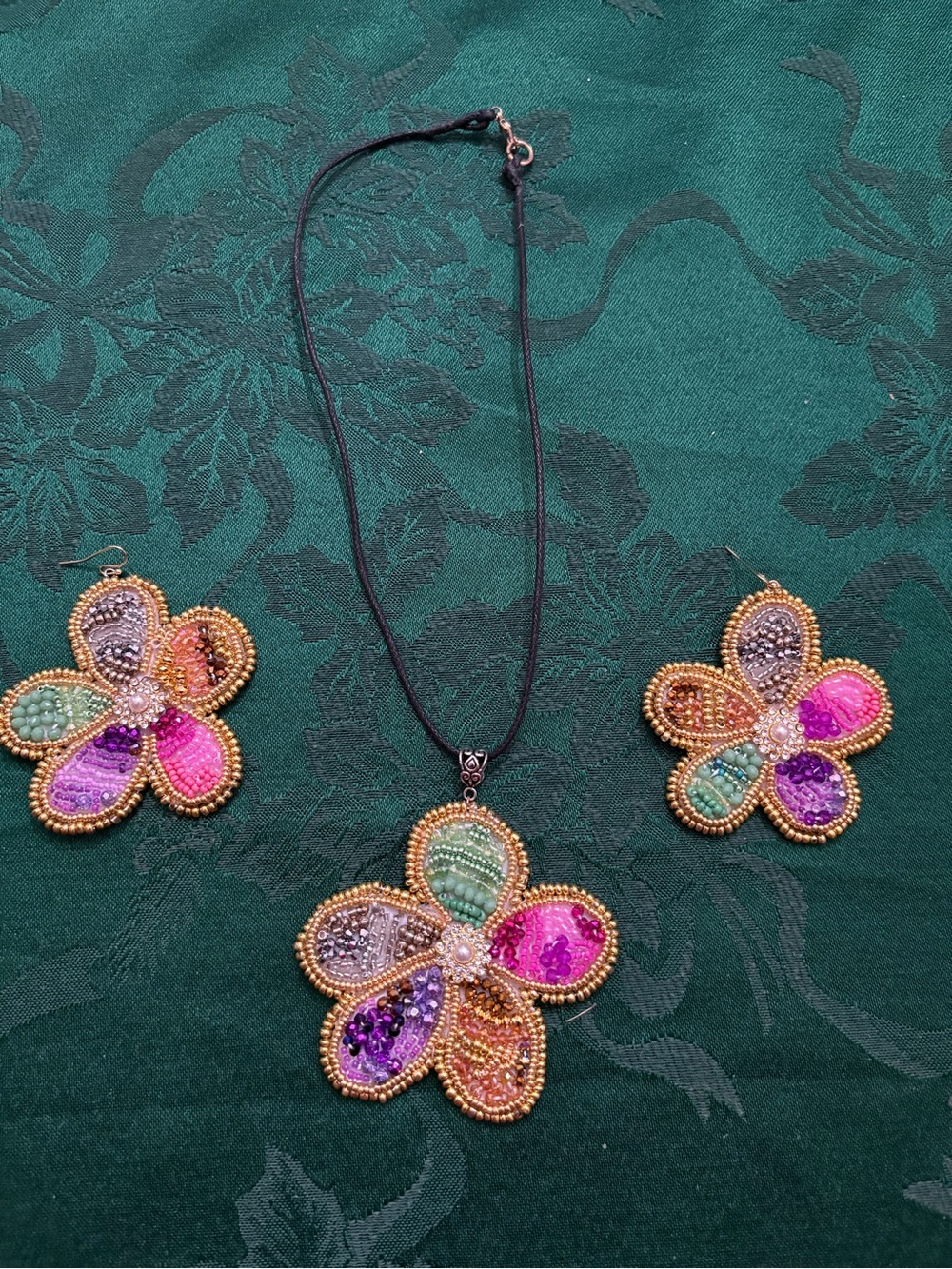 Handcrafted Multicolor Beaded Flower Necklace & Earrings Set